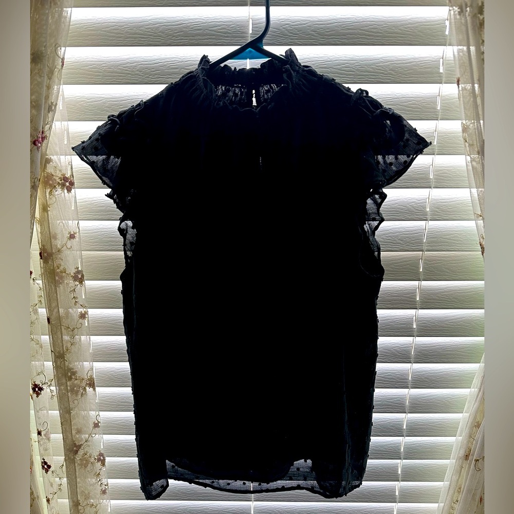 Black Ruffled Cap Sleeve Mandarin Collar Blouse